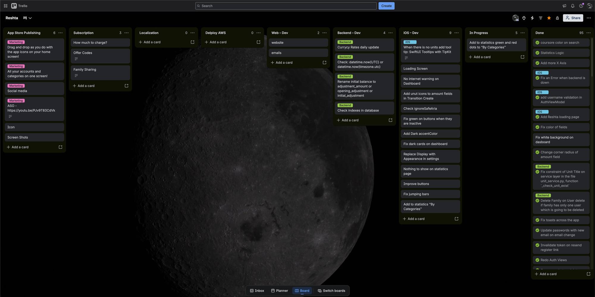 Trello with a real photo of the Moon in the background.